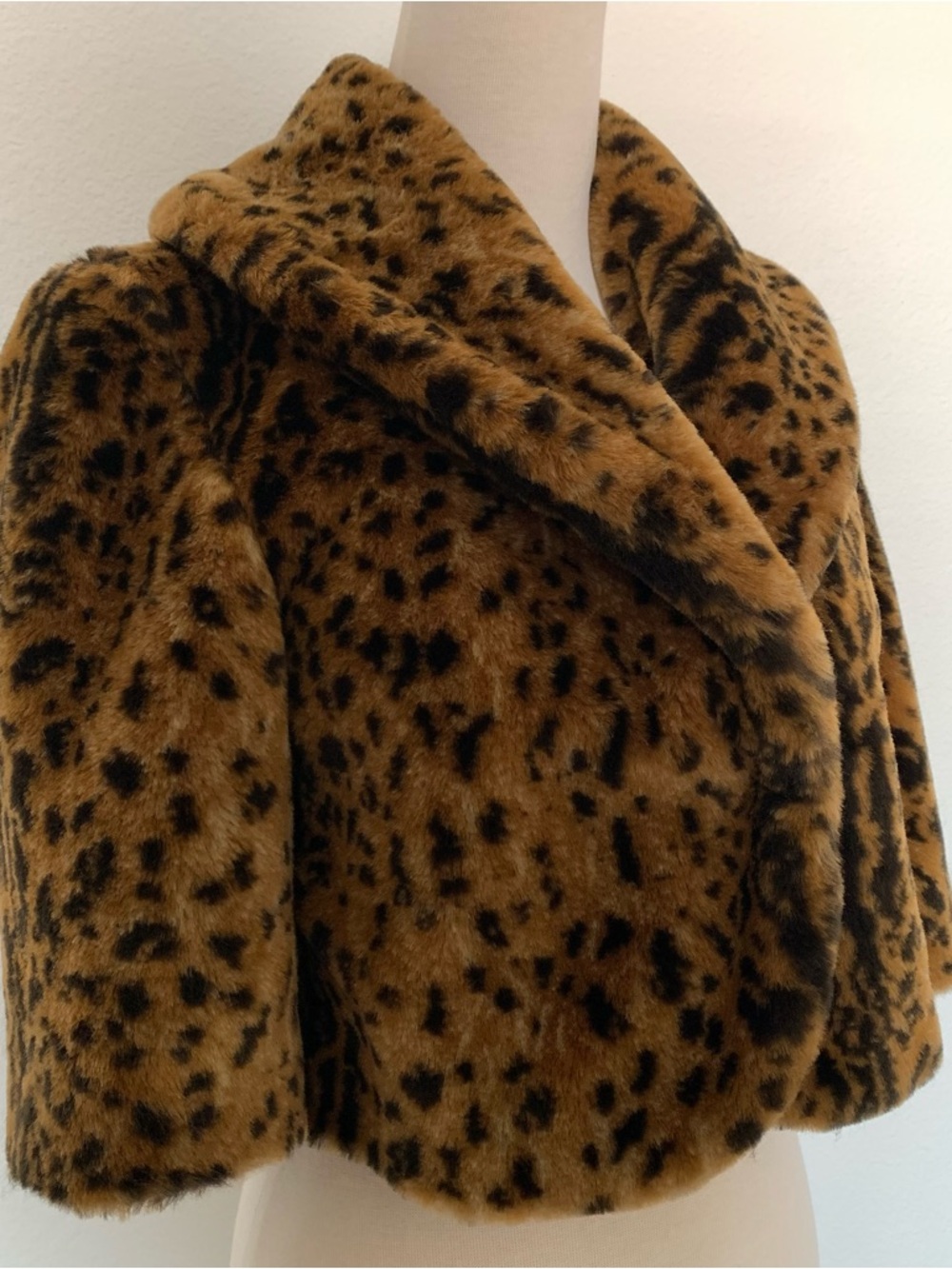 Benetton Faux Fur Leopard Print Cropped Jacket - Brown